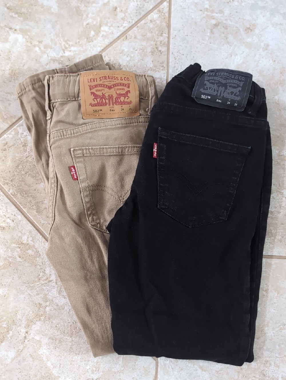 Levi Boys 502 Jeans Size 8 Reg (2 Pairs- Tan & Black)